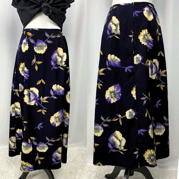 Vintage 90s moody soft grunge whimsigoth indigo watercolour floral maxi skirt - Picture 2 of 6